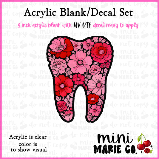 Rose Pink Floral Tooth Acrylic Blank/ UV DTF Decal Set