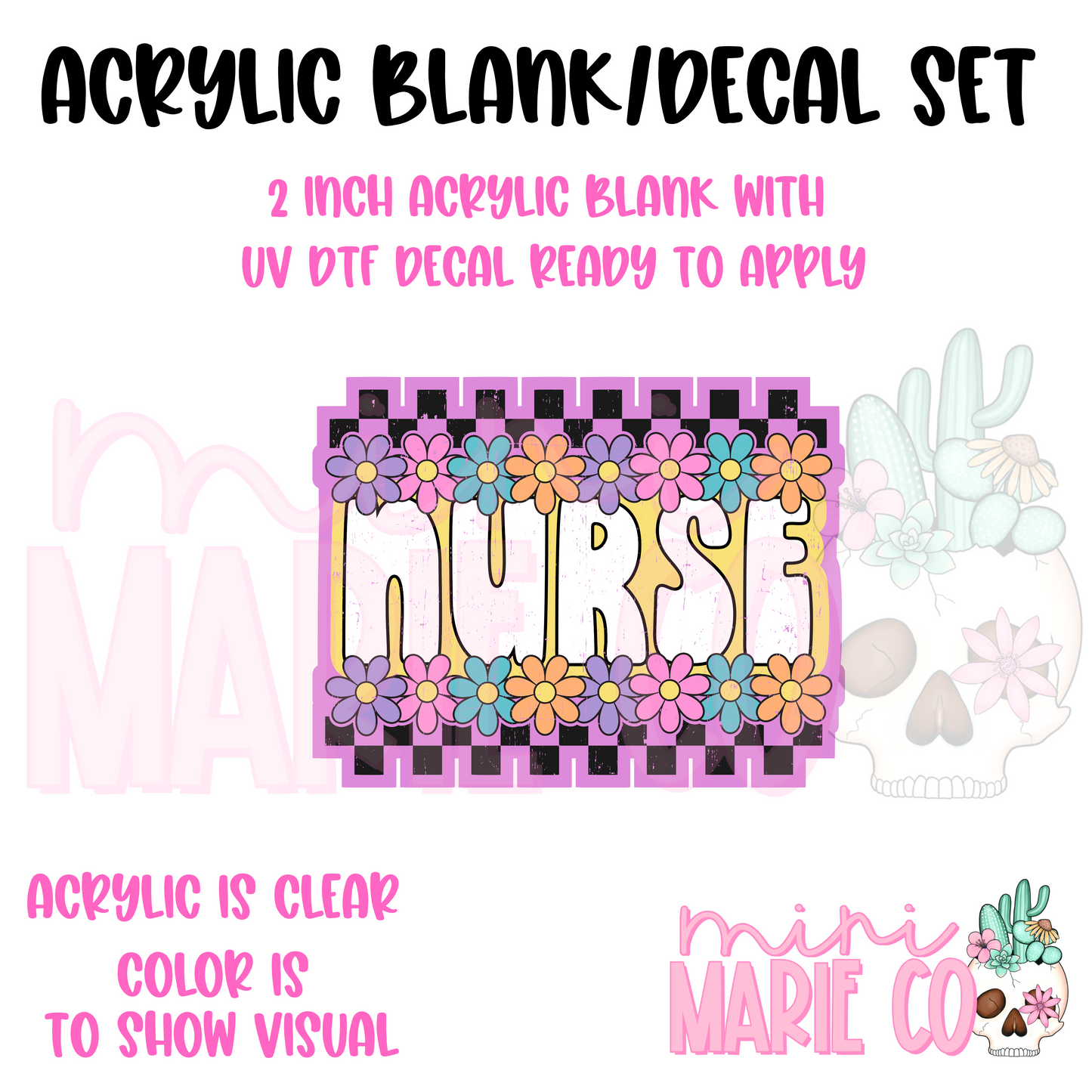 Nurse Florals & Checker Border Acrylic Blank/ UV DTF Decal Set