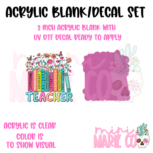 Teacher Floral Acrylic Blank/ UV DTF Decal Set