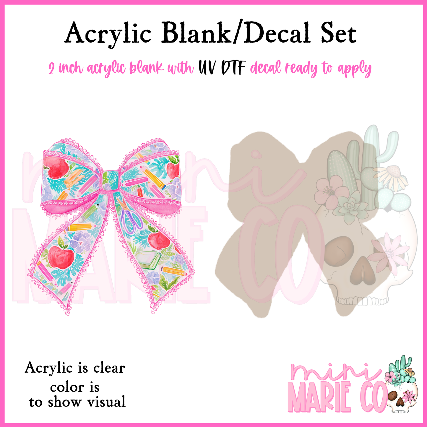 Pink Teacher Bow Acrylic Blank/ UV DTF Decal Set