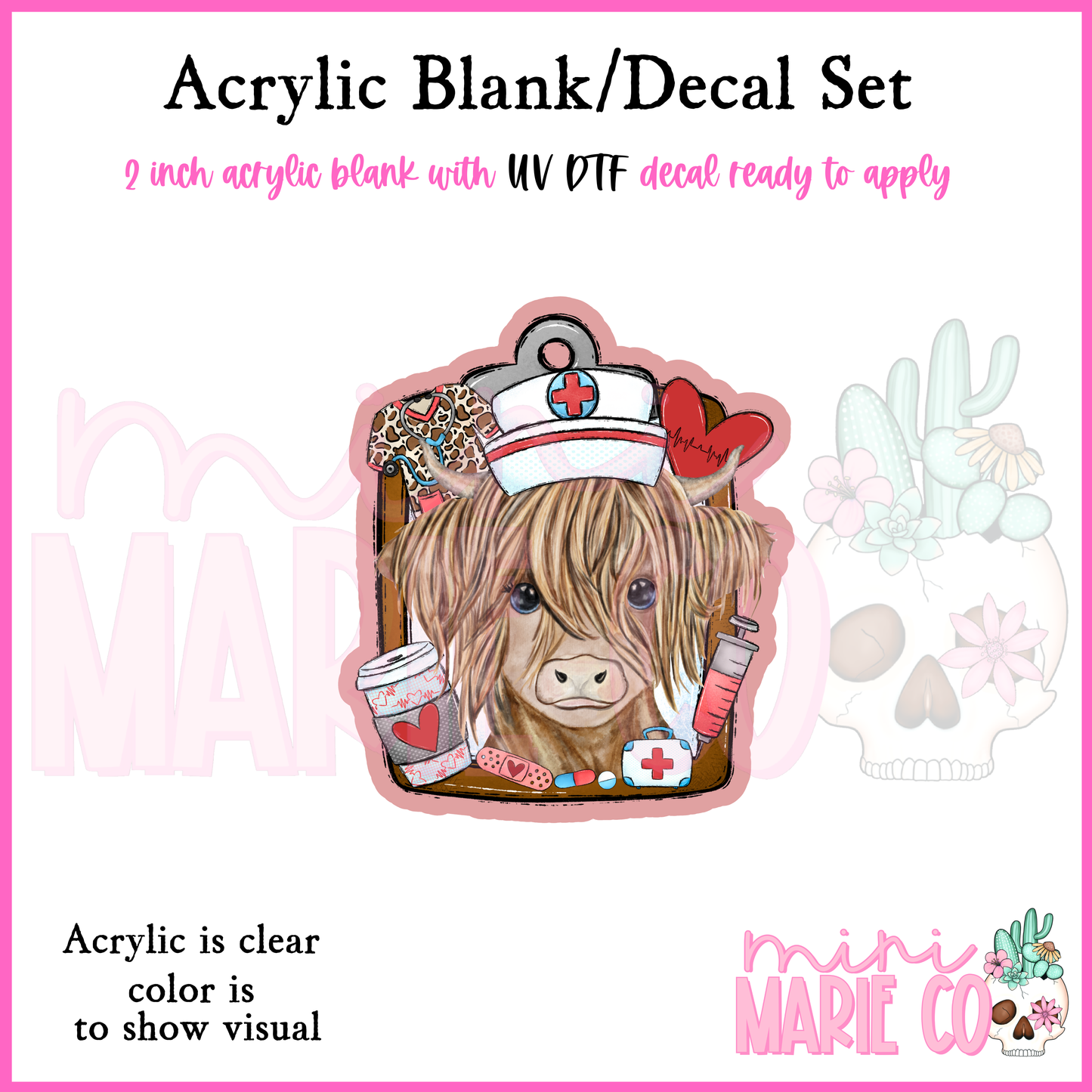 Highland Nurse Cow Acrylic Blank/ UV DTF Decal Set