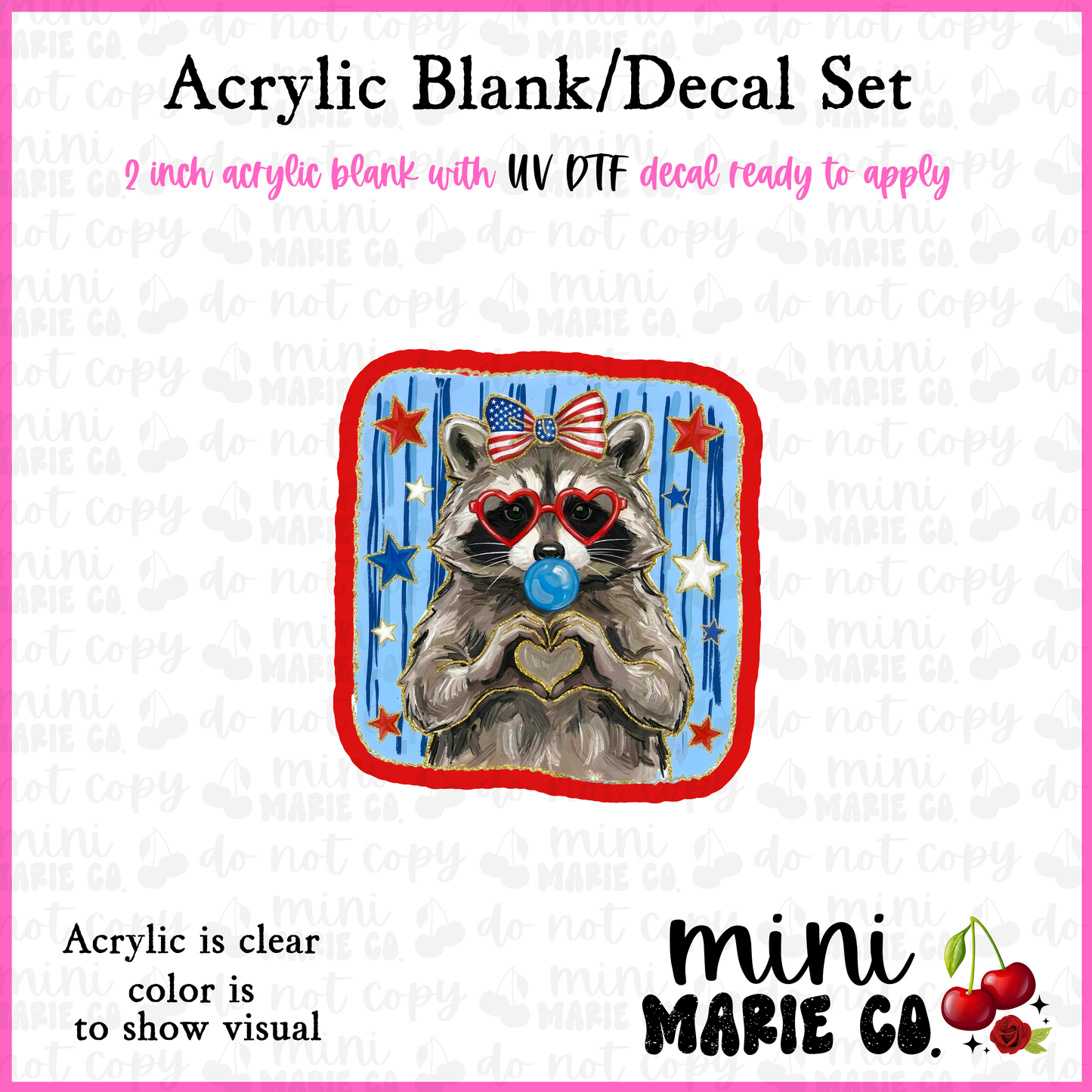 4th July Raccoon  Acrylic Blank/ UV DTF Decal Set