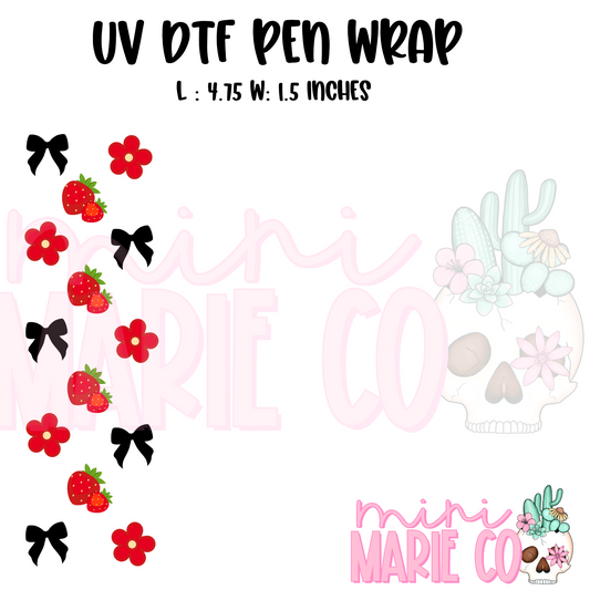 Strawberry Daisies & Blk Bow UV DTF Pen/Bookmark Wrap