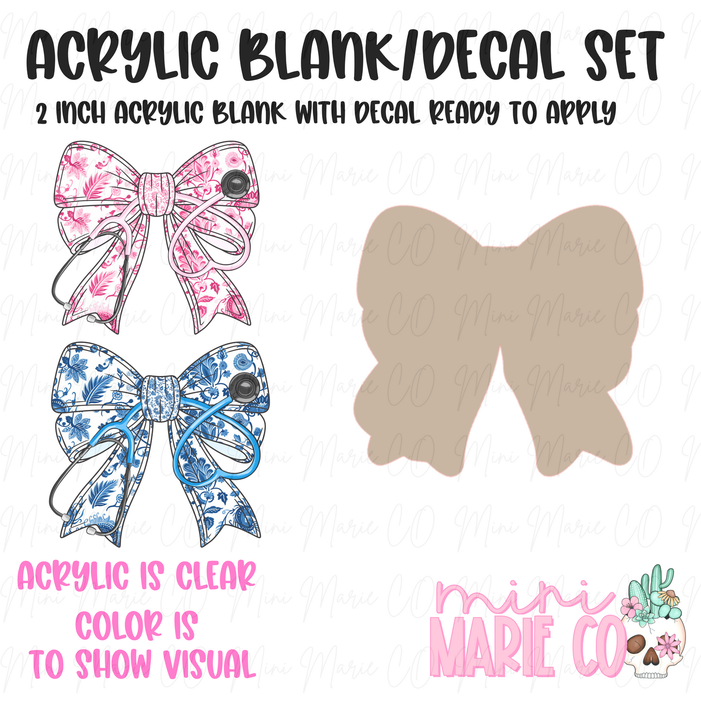 Blue or Pink Stethoscope Coquette Bow Acrylic Blank/Decal Set