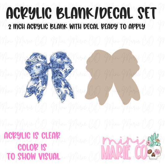 Blue/White Floral Bow Acrylic Blank/Decal Set