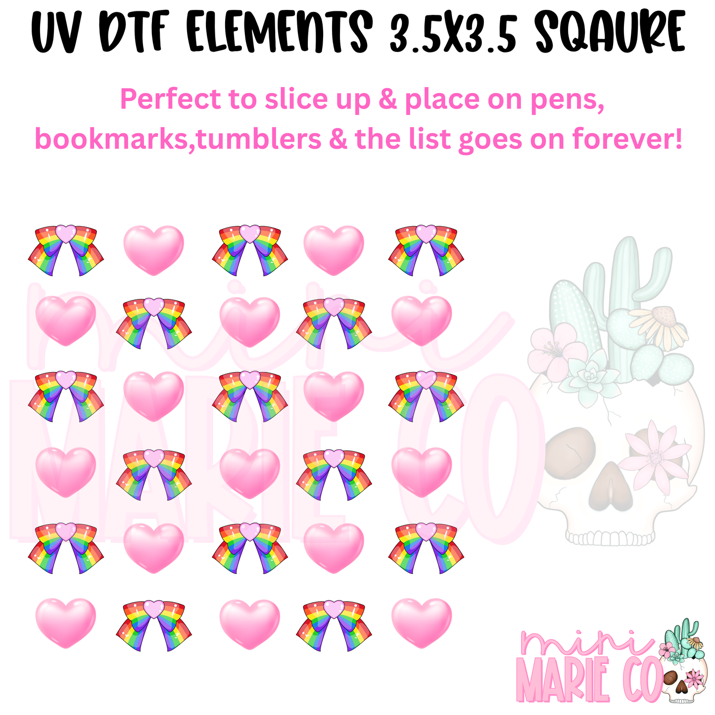 Rainbow Bow & Pink Hearts Element  Square UV DTF