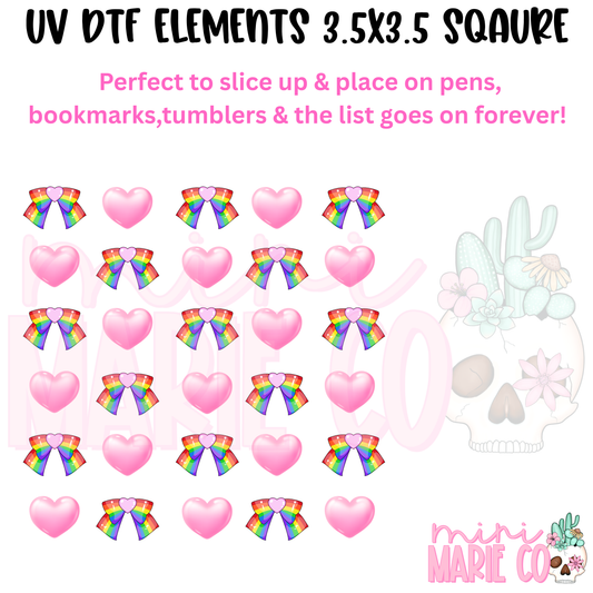 Rainbow Bow & Pink Hearts Element  Square UV DTF