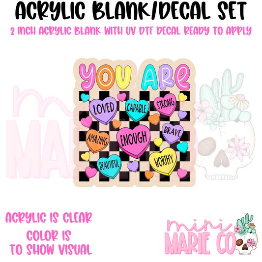You Are Colorful Hearts Checkered Acrylic Blank/ UV DTF Decal Set