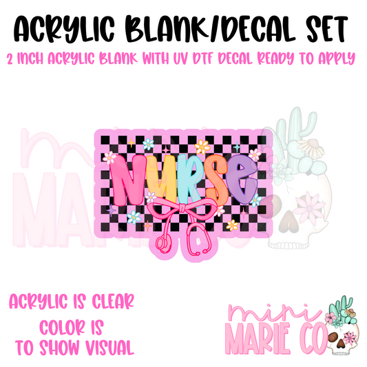 Nurse Checkered Stethoscope Bow Acrylic Blank/ UV DTF Decal Set