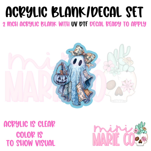 Blue Denim Ghost With Pumpkin Bucket Acrylic Blank/ UV DTF Decal Set